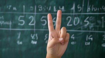 Counting Fingers: A hand showing three fingers against a chalkboard with math equations.
