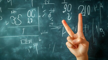 Counting Fingers: A hand showing three fingers against a chalkboard with math equations.
