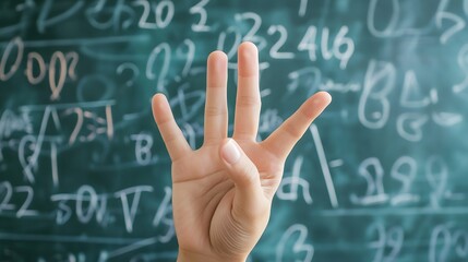 Counting Fingers: A hand showing three fingers against a chalkboard with math equations.
