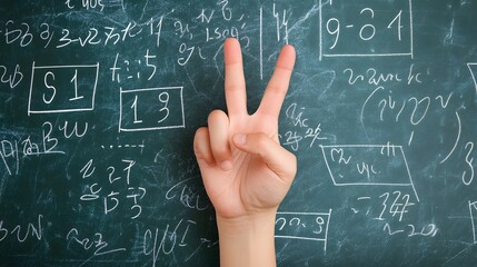 Counting Fingers: A hand showing three fingers against a chalkboard with math equations.

