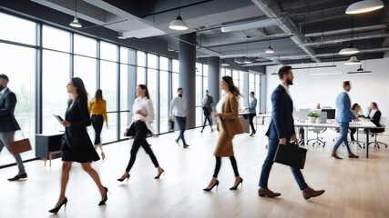 モダンなオープンスペースでビジネスマンたちが活発に動き回るコワーキングオフィスのエネルギー
