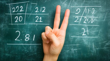 Counting Fingers: A hand showing three fingers against a chalkboard with math equations.
