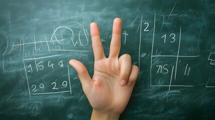 Counting Fingers: A hand showing three fingers against a chalkboard with math equations.

