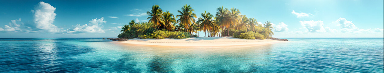 Obraz premium Paradise Found: Hyper-realistic Tropical Island Escape with White Sandy Beaches, Turquoise Waters, and Palm Trees 