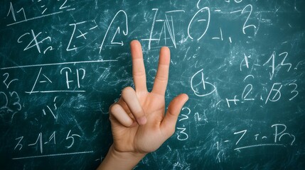 Counting Fingers: A hand showing three fingers against a chalkboard with math equations.
