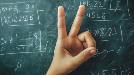 Counting Fingers: A hand showing three fingers against a chalkboard with math equations.

