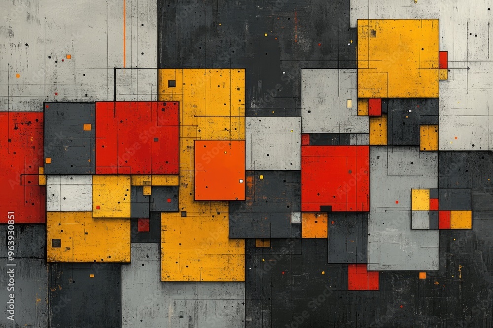 Poster abstract geometric shapes in red, yellow, and grey. this image is ideal for projects that need a mod