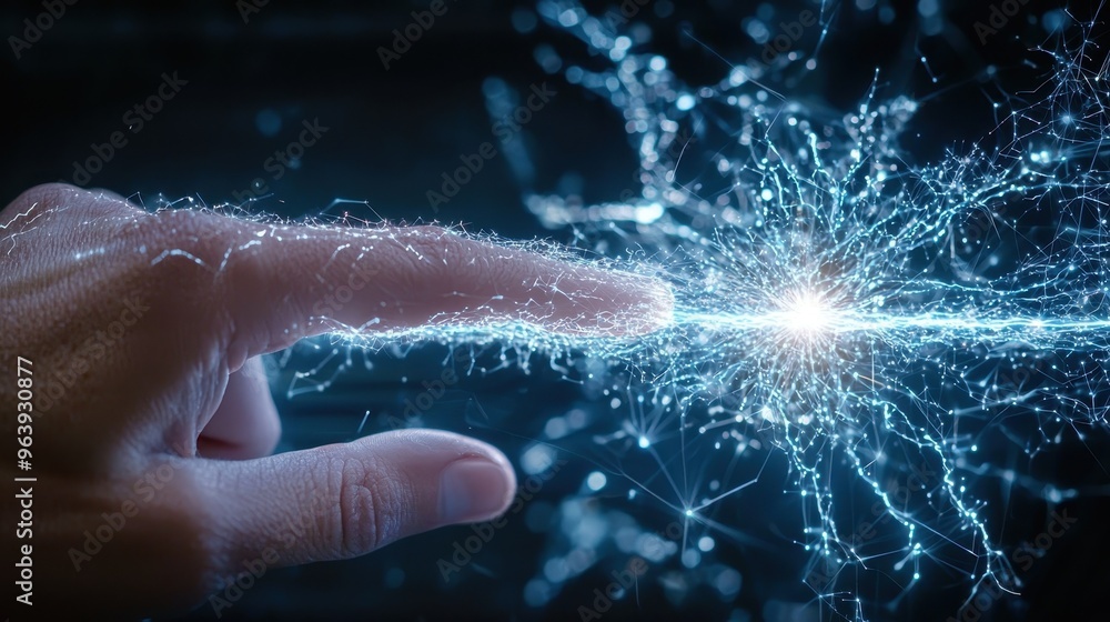 Poster digital network connection fingertip touching abstract blue glowing lines
