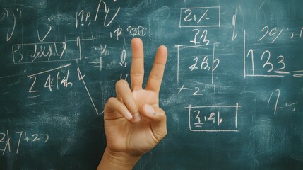 Counting Fingers: A hand showing three fingers against a chalkboard with math equations.
