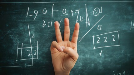Counting Fingers: A hand showing three fingers against a chalkboard with math equations.
