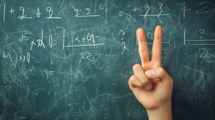 Counting Fingers: A hand showing three fingers against a chalkboard with math equations.
