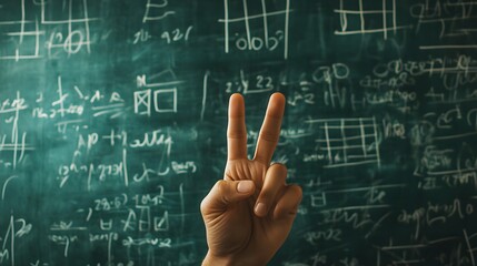 Counting Fingers: A hand showing three fingers against a chalkboard with math equations.

