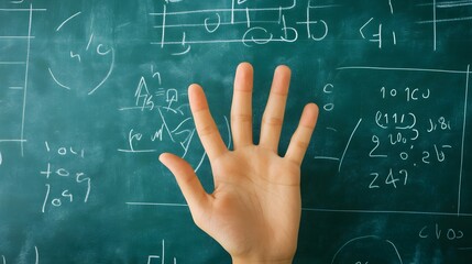 Counting Fingers: A hand showing three fingers against a chalkboard with math equations.
