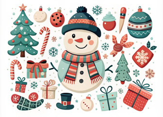 Cute Christmas illustration featuring a snowman with festive decorations and gifts

