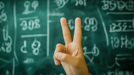Counting Fingers: A hand showing three fingers against a chalkboard with math equations.
