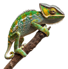 Obraz premium Colorful chameleon resting on a branch in nature, cut out - stock png.