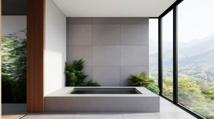 Fototapeta premium Contemporary bathroom with large windows, modern bathtub, and serene view of nature. Perfect for relaxation and wellness.