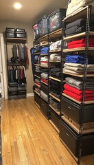 Organized closet with shelving units. This photo can be used for articles and websites about home organization.