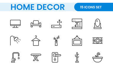 Elegant Interior and Home Decor Icons: A Stylish Set for Designing, Decorating, Renovating, and Enhancing Home Interiors with Visual Appeal