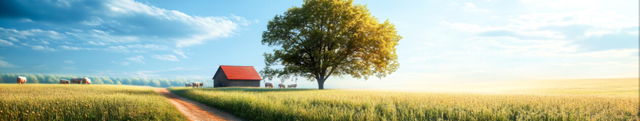 Obraz premium Idyllic Countryside Farm Scene with Grazing Animals under Bright Sky | Rural Landscape Photography 