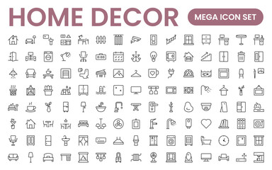 Elegant Interior and Home Decor Icons: A Stylish Set for Designing, Decorating, Renovating, and Enhancing Home Interiors with Visual Appeal