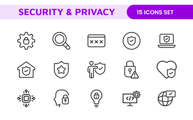 Set of Security web icons in line style. Guard, cyber security, password, smart home, safety, data protection, key, shield, lock, unlock, eye access. Security outline icon set.