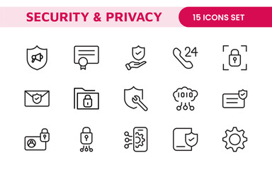 Set of Security web icons in line style. Guard, cyber security, password, smart home, safety, data protection, key, shield, lock, unlock, eye access. Security outline icon set.