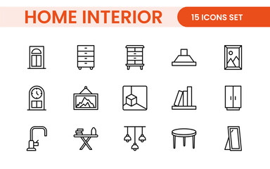 Elegant Interior and Home Decor Icons: A Stylish Set for Designing, Decorating, Renovating, and Enhancing Home Interiors with Visual Appeal