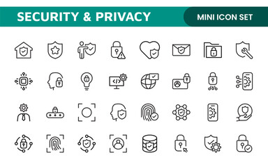 Set of Security web icons in line style. Guard, cyber security, password, smart home, safety, data protection, key, shield, lock, unlock, eye access. Security outline icon set.