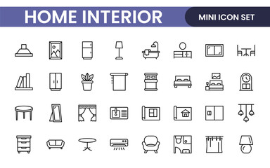 Elegant Interior and Home Decor Icons: A Stylish Set for Designing, Decorating, Renovating, and Enhancing Home Interiors with Visual Appeal