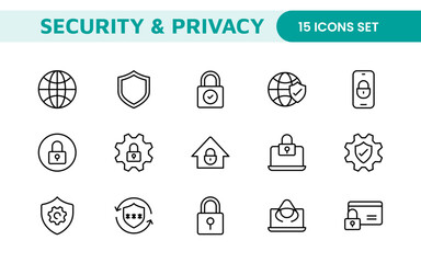 Set of Security web icons in line style. Guard, cyber security, password, smart home, safety, data protection, key, shield, lock, unlock, eye access. Security outline icon set.