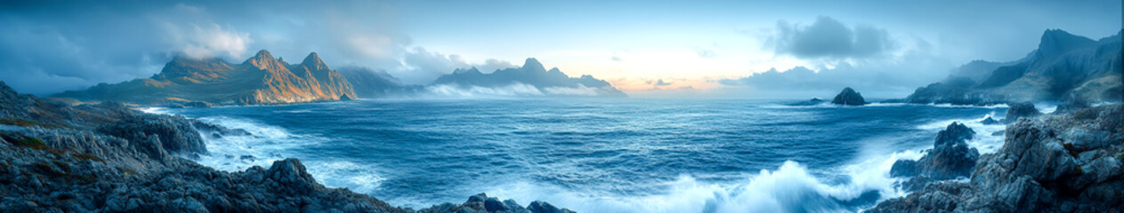 Obraz premium Majestic Power of Nature - Rugged Cliffs with Waves Crashing, Hyper-Realistic Landscape Photography 