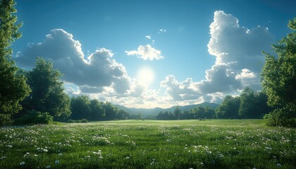 Obraz premium A field of white flowers with a forest in the background. This photo shows a sunny day in a meadow.