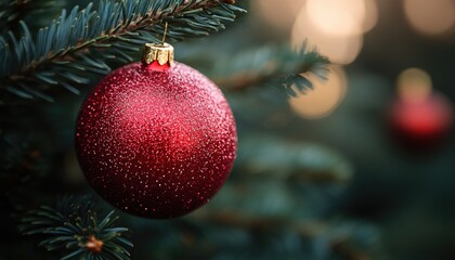 Obraz premium Red Christmas ornament on pine branch. Perfect for holiday themes, decorating, and festive backgrounds.