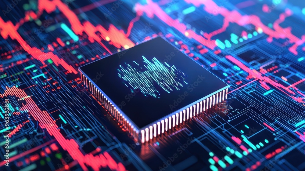 Poster abstract digital circuit board with glowing lines and data