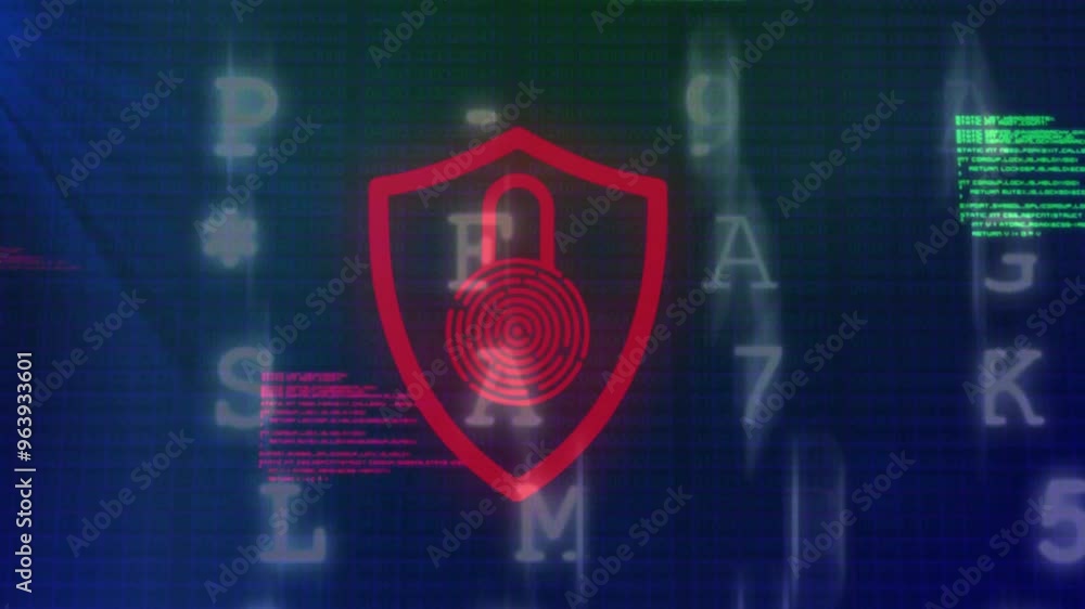 Poster animation of biometric fingerprint with shield and digital data processing on dark background