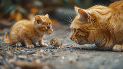 Feline Fun: Cat Playfully Engages with Gerbil Mouse on Tabletop