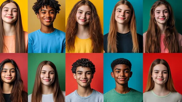 Diverse group of teenagers showcasing different hairstyles and expressions in a colorful studio setting
