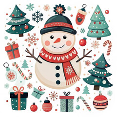 Cute Christmas illustration featuring a snowman with festive decorations and gifts

