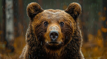 Obraz premium Bear Muzzle in Forest Clearing - Detailed Close-Up Portrait of Wild Animal with Fisheye Effect for Postcard Cover Design