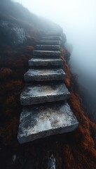 Stone steps lead up a mountain. This photo conveys a sense of journey and ambition, great for concepts of challenges, goals, or success.