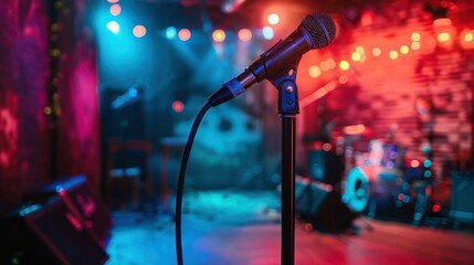 Closeup of a microphone stand against a small concert venue background with a program cover. Concept Music Photography, Concert Setting, Microphone Stand, Closeup Shot, Venue Background 