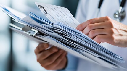 Holding a Medical Chart: Doctor's hands flipping through a medical chart, with various medical documents visible.
