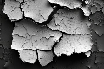 Obraz premium Cracked white surface with black background. Texture of weathered paint or dry earth, perfect for backgrounds or abstract designs.