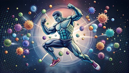 Naklejka premium Superhero fighting viruses, immune system boost and fitness strength concept
