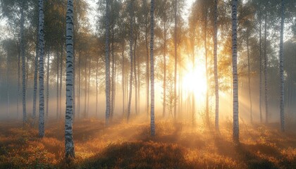 Obraz premium Golden light pierces through a birch forest. This image depicts the beauty of a misty forest at sunrise, perfect for nature and tranquility themes.
