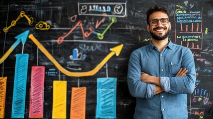 An individual standing proudly next to a completed work goal chart