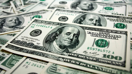 US dollar bills and scattered paper currency symbolizing wealth and financial security.