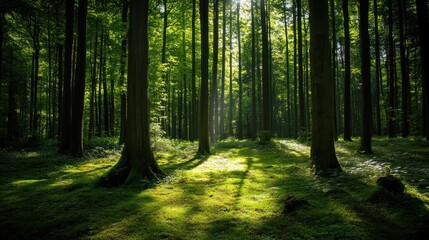 Obraz premium Sunlight filtering through a lush green forest