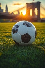 Obraz premium A soccer ball rests on green grass with the Brooklyn Bridge in the background. This image can be used for websites, articles, or social media posts related to sports, travel, and New York City.